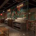Authentic Hot Pot Restaurant Interior With Brick Walls Wooden Tables And Fresh Ingredients