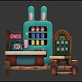 Blue Rabbit Shaped Refrigerator Freezer in Mini Store with Cash Register and Chair
