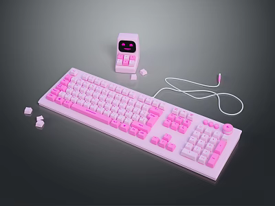 Cute Pink White Mechanical Keyboard With Mouse Keycaps And Cable For Computer 3d model