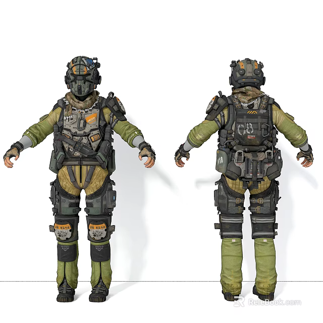 Game Movie Character in Military Tactical Gear with Detailed Armor Front and Back View 3d model 