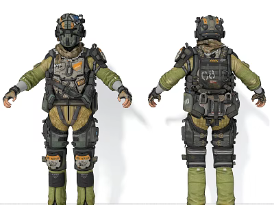 Game Movie Character in Military Tactical Gear with Detailed Armor Front and Back View 3d model