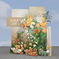 Elegant Floral Installation With Orange White Flowers Circular Board Columns And Tree