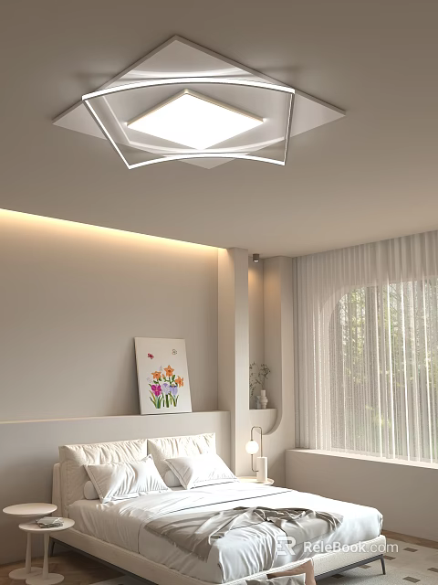 Modern Square White Ceiling Light in Minimalist Bedroom with Light Walls Bedside Painting and Curtains 3d model 
