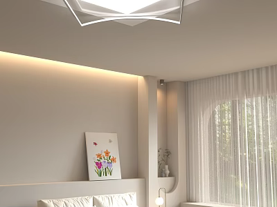 Modern Square White Ceiling Light in Minimalist Bedroom with Light Walls Bedside Painting and Curtains 3d model