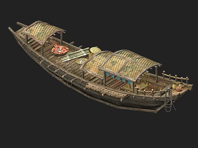 Traditional Wooden Boat Featuring Bamboo Canopies Wooden Deck Red Cushions And Ropes 3d model