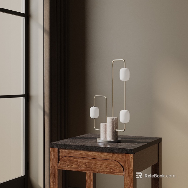Modern Minimalist Table Lamp With Three White Spherical Shades On Wooden Nightstand Dark Marble Top 3d model 