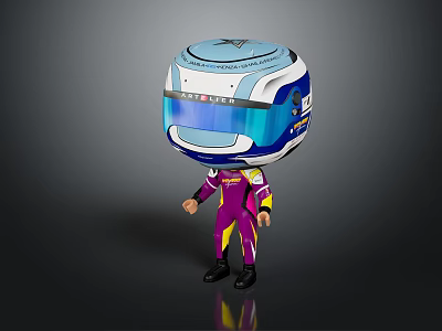 Cartoon Racing Character In Purple Suit With Blue White Helmet And Visor 3d model