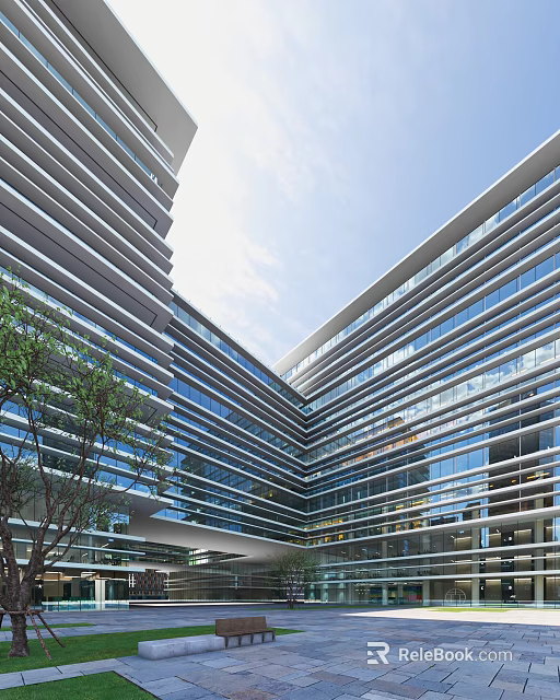 Modern Office Building Exterior Design With Glass Curtain Walls Corner Structure Trees And Natural Light 3d model 