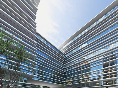 Modern Office Building Exterior Design With Glass Curtain Walls Corner Structure Trees And Natural Light 3d model