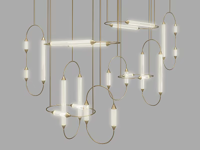 Modern Unique Shaped Chandeliers With Circular Metal Frames And Illuminated Tubes 3d model