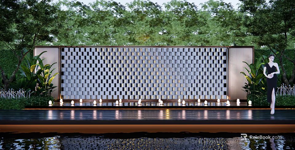 Modern Landscape Wall With Geometric Checkerboard Design Illuminated Lights And Green Trees Background 3d model 