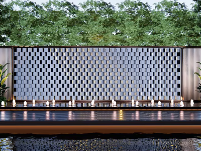 Modern Landscape Wall With Geometric Checkerboard Design Illuminated Lights And Green Trees Background 3d model