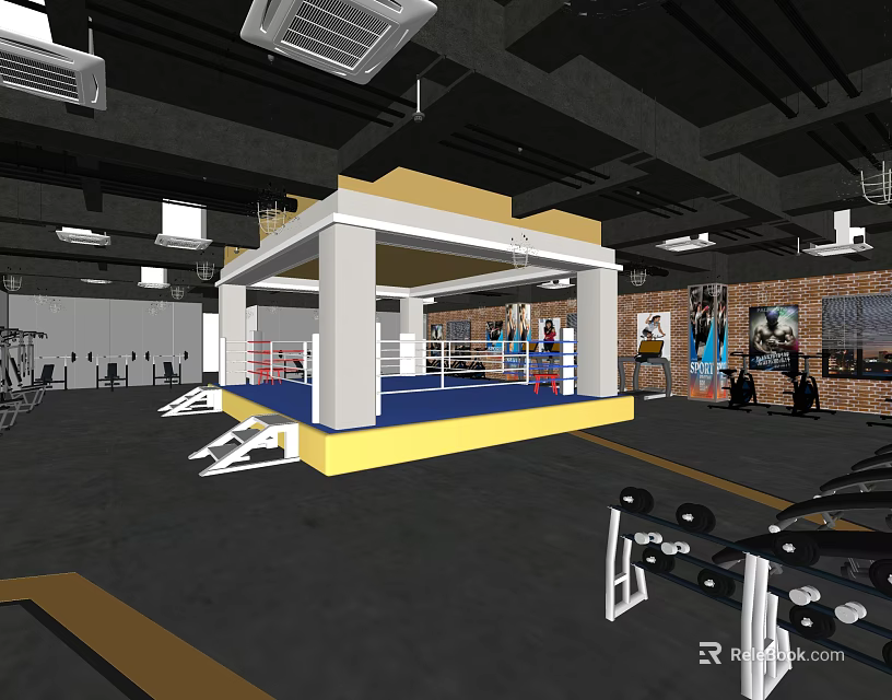 Fitness Gym Interior With Boxing Ring Workout Equipment Brick Wall And Ceiling Lights 3d model 
