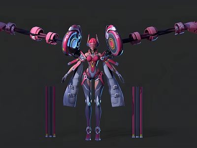Futuristic Female Mech With Pink Purple Armor Mechanical Wings And Robotic Arms 3d model