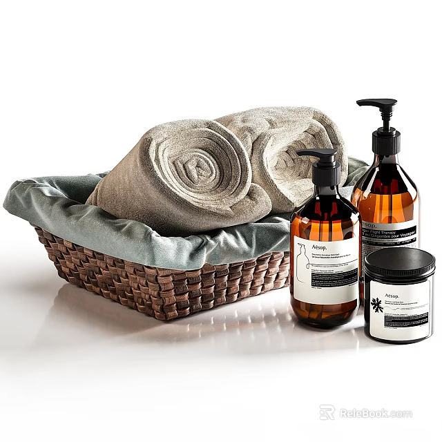 Wicker Basket With Soft Rolled Towels And Liquid Soap Bottles 3d model 