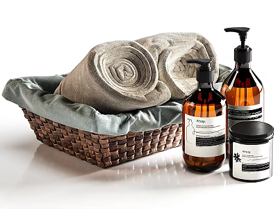 Wicker Basket With Soft Rolled Towels And Liquid Soap Bottles 3d model
