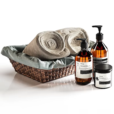 Wicker Basket With Soft Rolled Towels And Liquid Soap Bottles 3d model