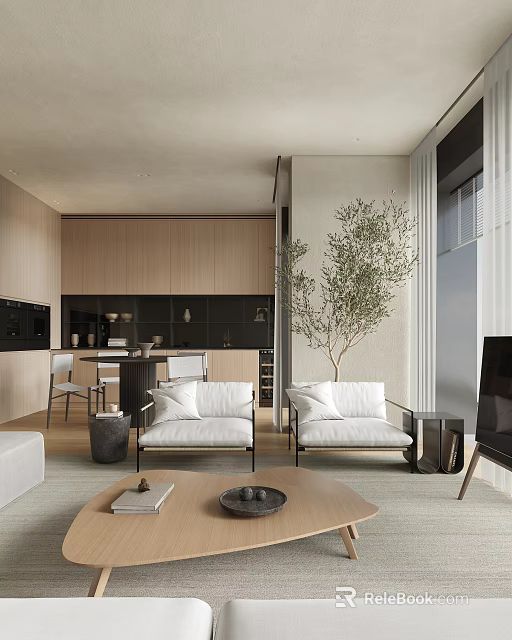 Open Modern Living And Dining Interior With Wooden Cabinets Sofa And Olive Tree 3d model 