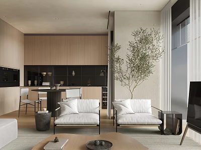 Open Modern Living And Dining Interior With Wooden Cabinets Sofa And Olive Tree 3d model