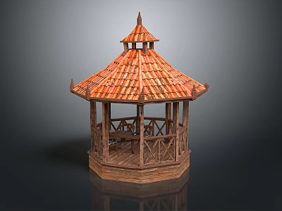 Traditional Wooden Pavilion Featuring Red Tiled Roof Octagonal Base And Railing 3d model