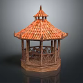 Traditional Wooden Pavilion Featuring Red Tiled Roof Octagonal Base And Railing