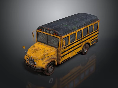 Yellow School Bus Rusty Vintage Exterior With Dark Roof And Stripes 3d model