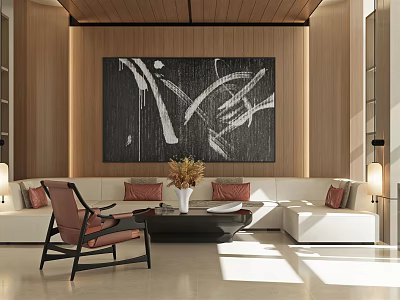 Modern Living Area Interior With Wooden Walls Large Abstract Painting Beige Sofa And Brown Armchair 3d model