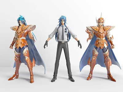 Three Game and Movie Characters with Blue Hair Armor Cape and Casual Outfit 3d model