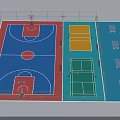 Indoor Basketball Court Featuring Blue Red Flooring Multi Sport Zones And Surrounding Nets