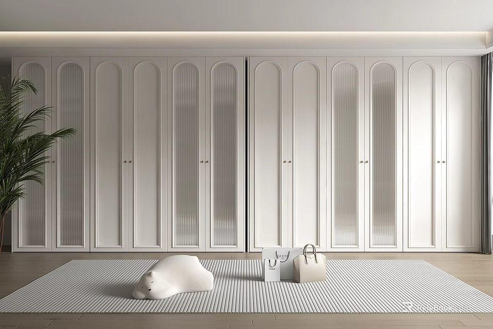 Modern White Wardrobe Design With Glass Doors And Minimalist Interior Decor 3d model 