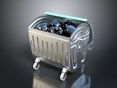 Stainless Steel Metal Trash Bin With Wheels And Black Spheres Inside 3d model