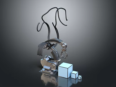 Abstract Metallic Biological Mechanical Structure With Curved Tentacle Like Form And White Cubes 3d model