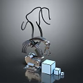Abstract Metallic Biological Mechanical Structure With Curved Tentacle Like Form And White Cubes