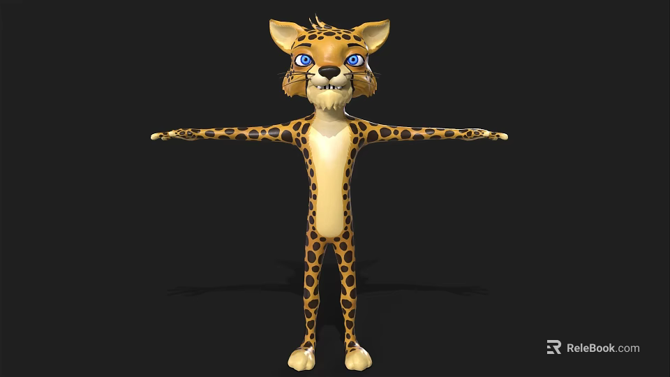 Cartoon Cheetah 3D Model Standing With Outstretched Arms Yellow Body Black Spots Blue Eyes 3d model 