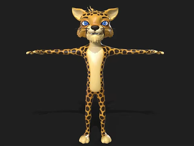 Cartoon Cheetah 3D Model Standing With Outstretched Arms Yellow Body Black Spots Blue Eyes 3d model