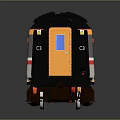 Model Train With Black Yellow Red Stripes And Windows On Gray Background