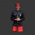 Man In Red Hat Dark Blue Jacket And Red Patterned Shorts Posing With Crossed Hands