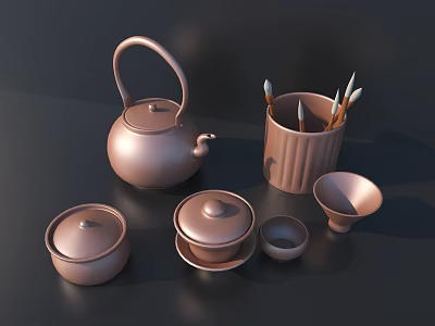 Brown Ceramic Tea Set With Teapot Lidded Bowl Small Cups And Fair Cup 3d model