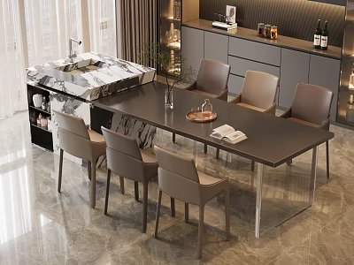 Modern Dining Table Set With Marble Tabletop Upholstered Chairs And Metal Legs 3d model