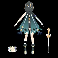 Game Movie Character With Blue White Hair Green Outfit Holding Golden Sword Purple Accessory