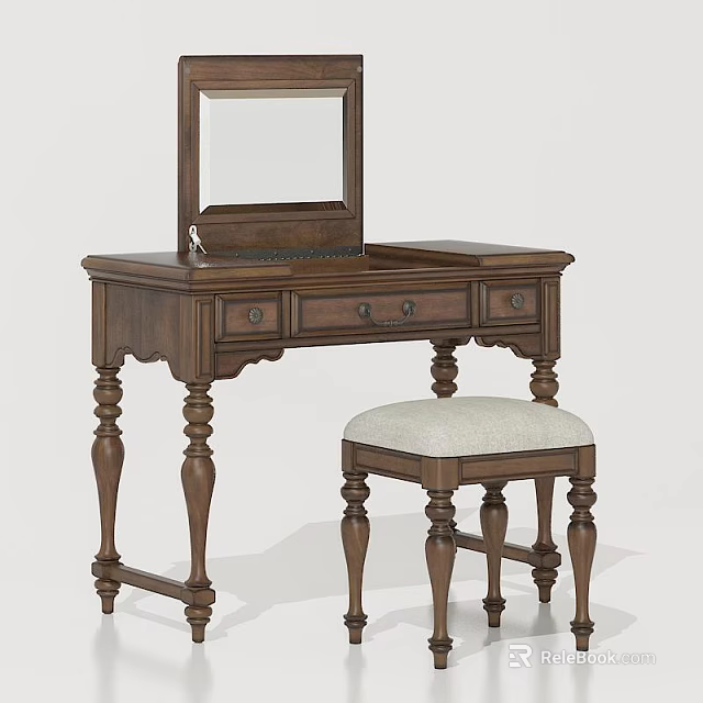 Elegant Traditional Wooden Dressing Table With Mirror Drawers And Upholstered Stool 3d model 