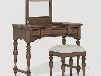Elegant Traditional Wooden Dressing Table With Mirror Drawers And Upholstered Stool 3d model