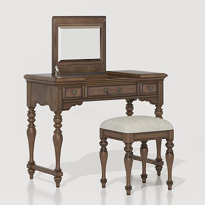 Elegant Traditional Wooden Dressing Table With Mirror Drawers And Upholstered Stool 3d model