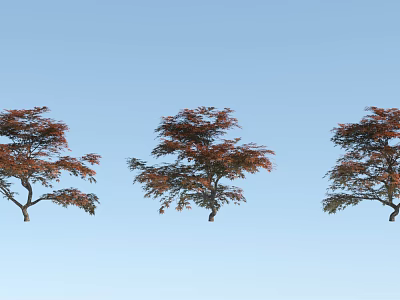 Three Arbor Trees With Red And Green Leaves Against Clear Blue Sky 3d model