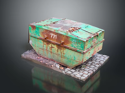 Vintage Green Rusty Equipment Box With 777 Marking On Brick Base 3d model