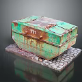 Vintage Green Rusty Equipment Box With 777 Marking On Brick Base