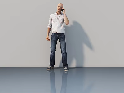 Man in White Shirt and Blue Jeans Talking on Phone Against Grey Wall and Floor 3d model