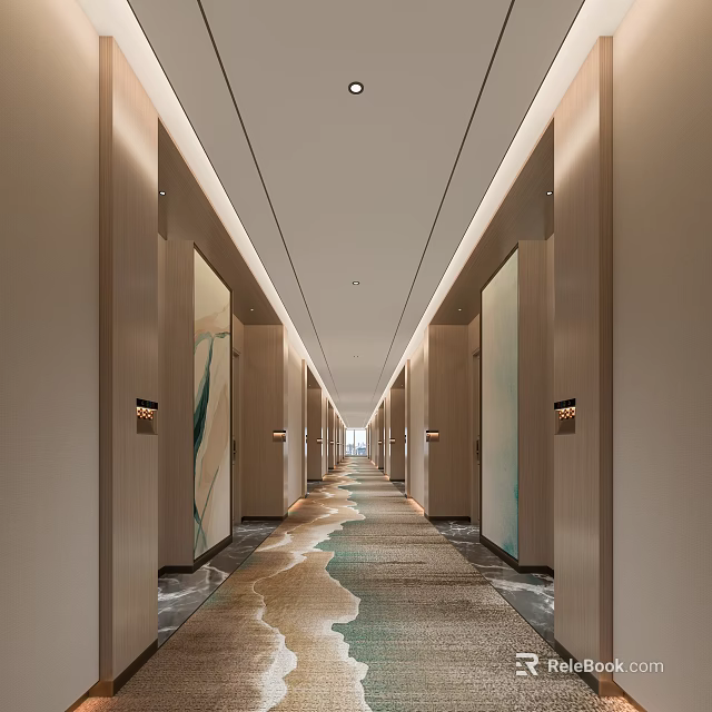 Modern Hotel Corridor With Elegant Design Spacious Layout Decorative Paintings Recessed Lighting And Wavy Carpet 3d model 
