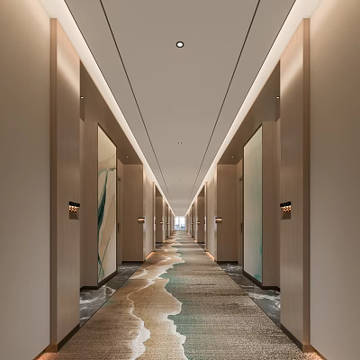 Modern Hotel Corridor With Elegant Design Spacious Layout Decorative Paintings Recessed Lighting And Wavy Carpet 3d model