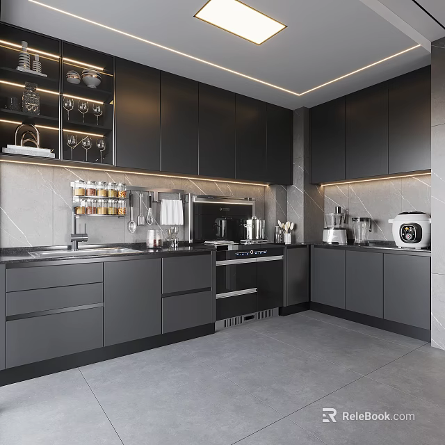 Modern Kitchen Interior Design With Dark Cabinets Island Counter And Appliances 3d model 